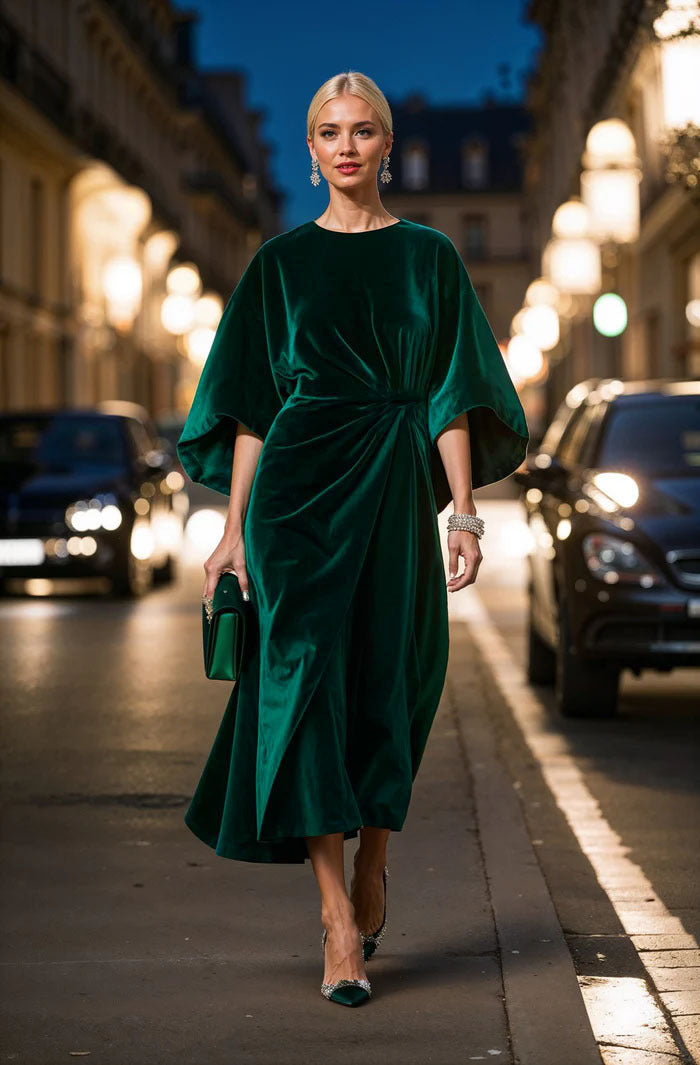 Women's Fashion Elegant Gold Velvet Waist-tight Batwing Sleeve Dress