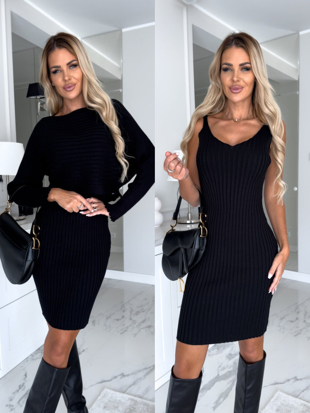 2pcs Suit Women's Solid Stripe Long-sleeved Top And Tight Suspender Skirt Fashion Autumn Winter Slim Clothing by Glamytek