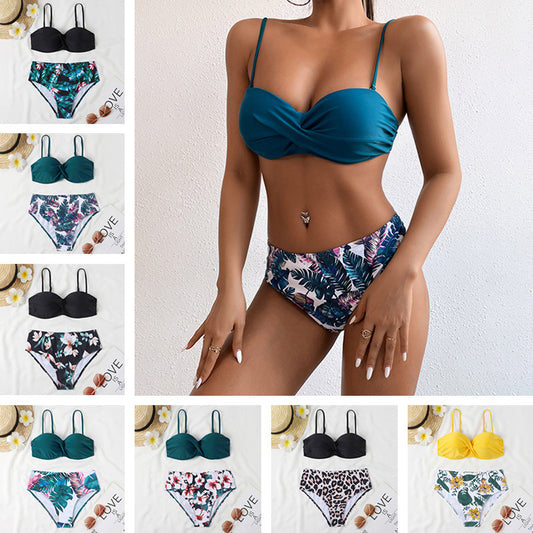 Women's High Waist Bikini Swimsuit with Steel Bracket - Sexy Leopard Print & Floral Design