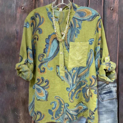 Youthful Green Pattern Print Long Sleeve Top by Glamytek