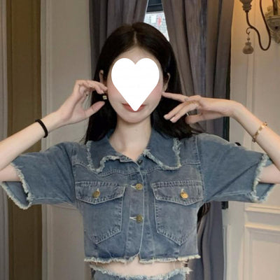 Washed Raw Edge Shirt Denim Suit by Glamytek