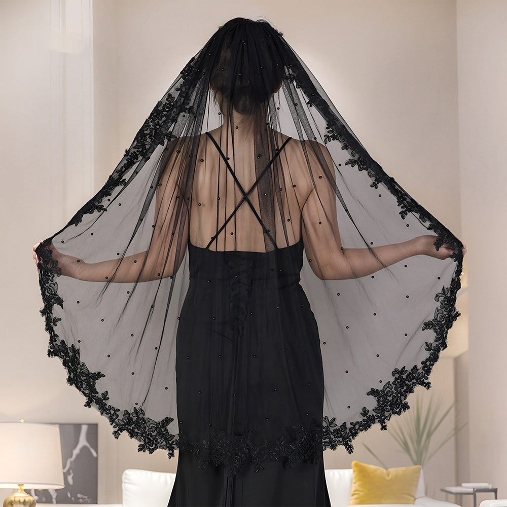 Exquisite Lace Black Veil Pearl Bridal Veil by Glamytek