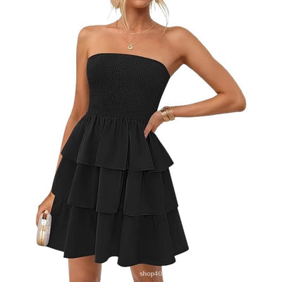 Women's Summer Pleated Tube Top Dress Off-the-shoulder Dress by Glamytek