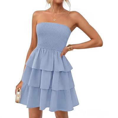 Women's Summer Pleated Tube Top Dress Off-the-shoulder Dress by Glamytek
