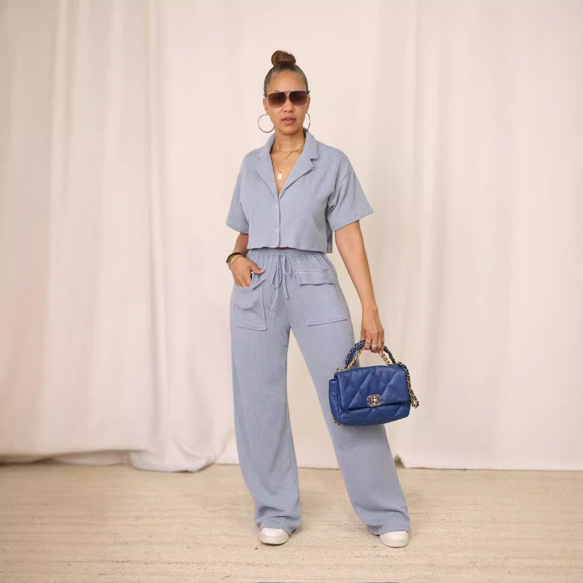 Shirt collar top, long casual wide-leg pants set