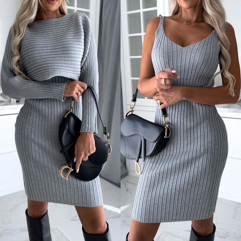 2pcs Suit Women's Solid Stripe Long-sleeved Top And Tight Suspender Skirt Fashion Autumn Winter Slim Clothing by Glamytek