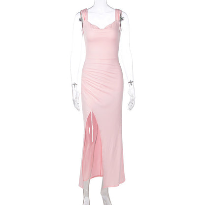 European and American women's spring and summer new fashion temperament solid color sleeveless backless back lace slim split dress wholesale