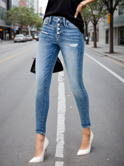 Women's Single Breasted Blue Washed Denim Jeans, High Waisted Elastic Tight Jeans, Fashionable And Casual, Basic Style, Comfortable Version, Versatile And Error Free by Glamytek