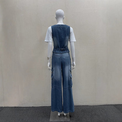 Wide-leg jeans vest-style jacket set for women