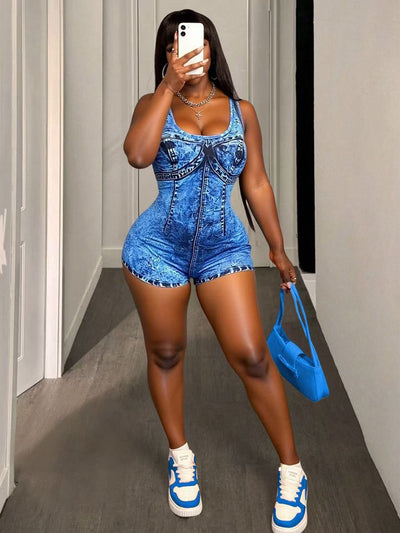 Fashion Denim Print Backless Jumpsuit Shorts.