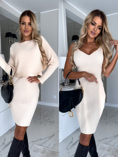 2pcs Suit Women's Solid Stripe Long-sleeved Top And Tight Suspender Skirt Fashion Autumn Winter Slim Clothing by Glamytek