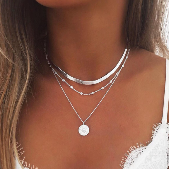 Layered Lotus Pendant Necklace with Geometric Blade Chain