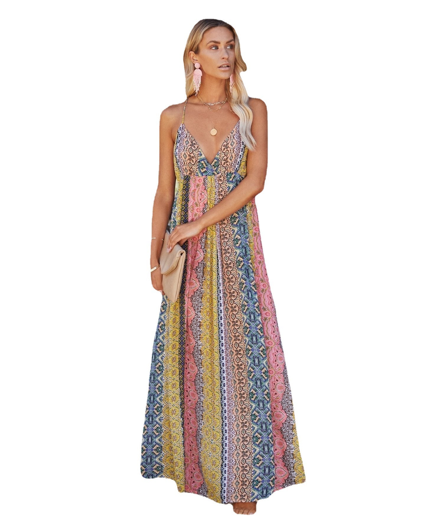 A large halter dress with printed straps