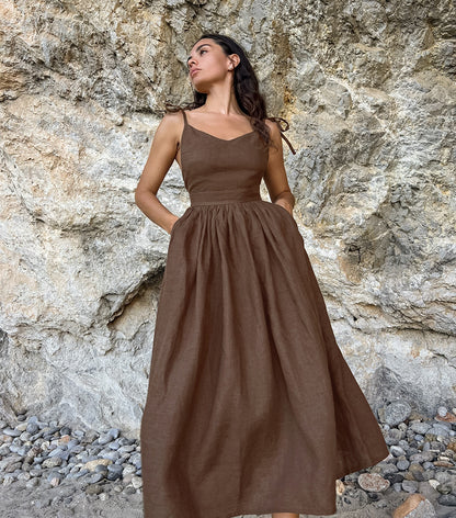 Elegant Linen Strappy Backless Long Dress