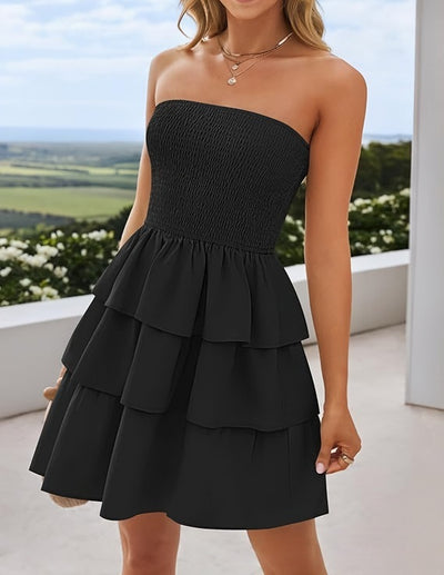 Women's Summer Pleated Tube Top Dress Off-the-shoulder Dress by Glamytek