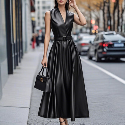 Fashionable Temperamental All-match Round Neck Sleeveless Belt Long Dress by Glamytek