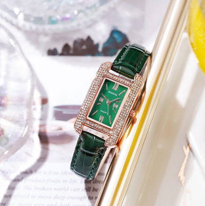 Elegant Diamond Green Dial Women's Watch with Quartz Movement by Glamytek