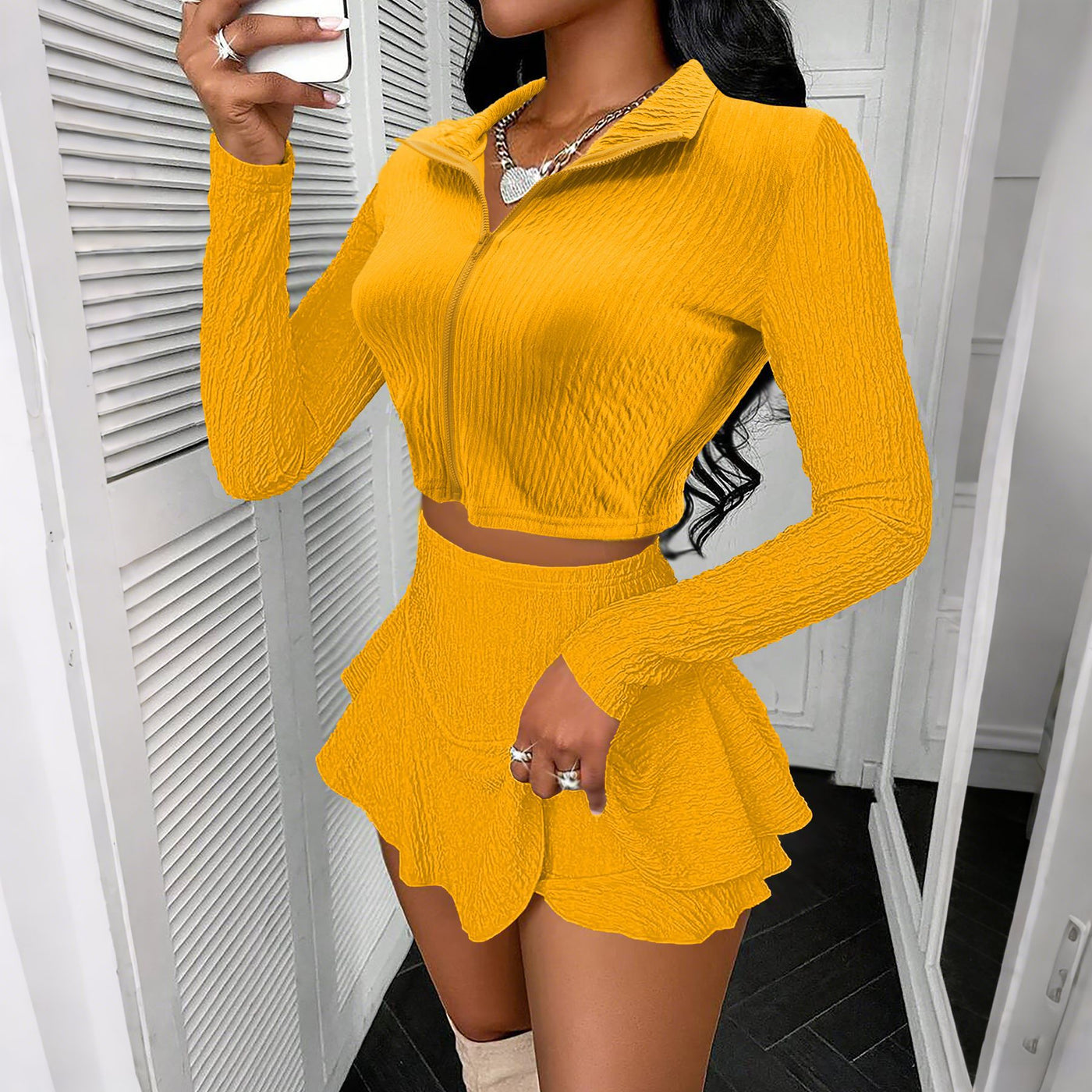 Solid Color Zipper Top and Ruffled Skirt Suit by Glamytek