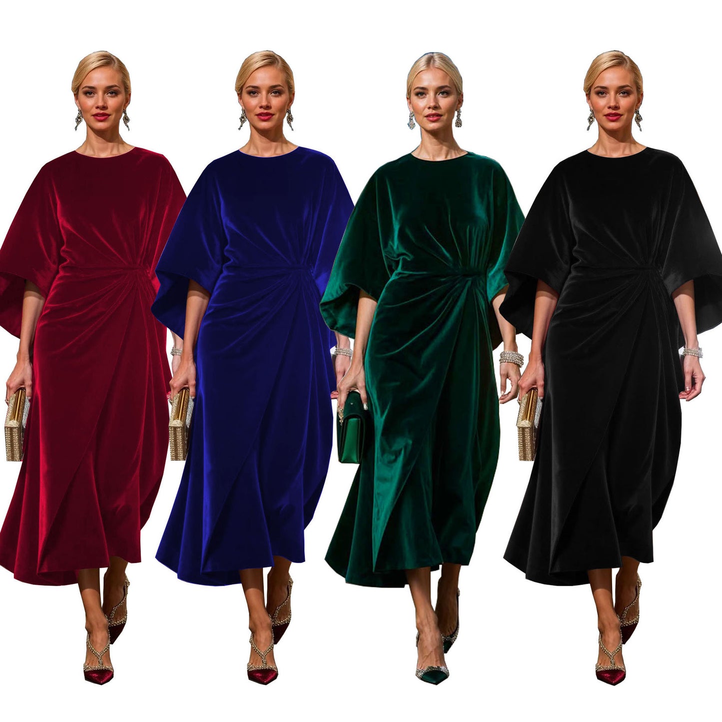 Women's Fashion Elegant Gold Velvet Waist-tight Batwing Sleeve Dress