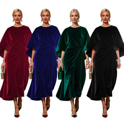 Women's Fashion Elegant Gold Velvet Waist-tight Batwing Sleeve Dress by Glamytek