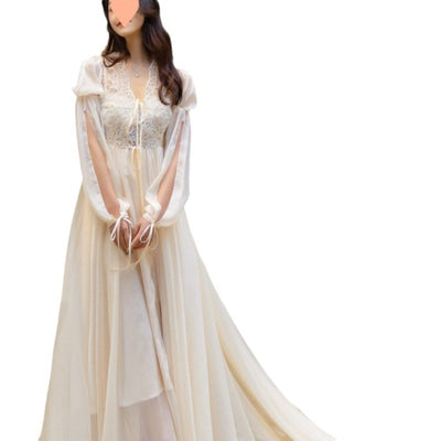 Retro Lace Long Tail Dress with Bubble Sleeves by Glamytek