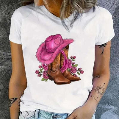 Cowgirl Floral Print T-shirts Women Summer Tshirt Lady Rive by Glamytek