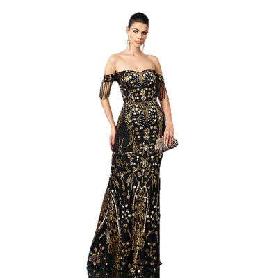 Off-neck Tassel Sequined Fishtail Evening Dress For Banquet by Glamytek