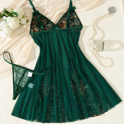 Sexy Deep V Backless Mesh Nightgown