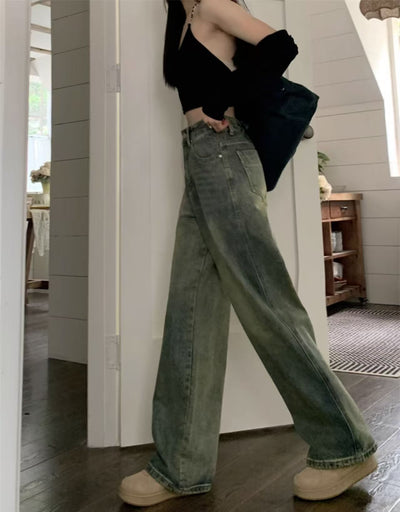 2025 New Retro Style, Washed Plain Loose Fit, Casual Style, Zipper Button Closure Jeans, Suitable For All Seasons, Versatile And Error Free. by Glamytek