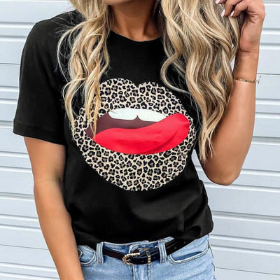 Lips Leopard Print Round Neck Short-sleeved Tshirt Women by Glamytek