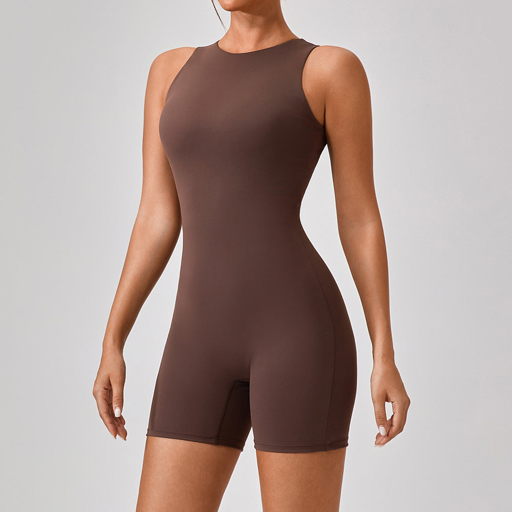 Short, sheer, form-fitting yoga one-piece suit