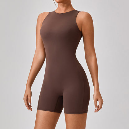 Short, sheer, form-fitting yoga one-piece suit