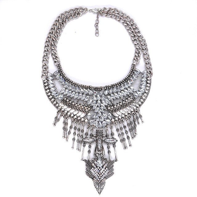 Inlaid antique silver clavicle stick with tasseled necklace