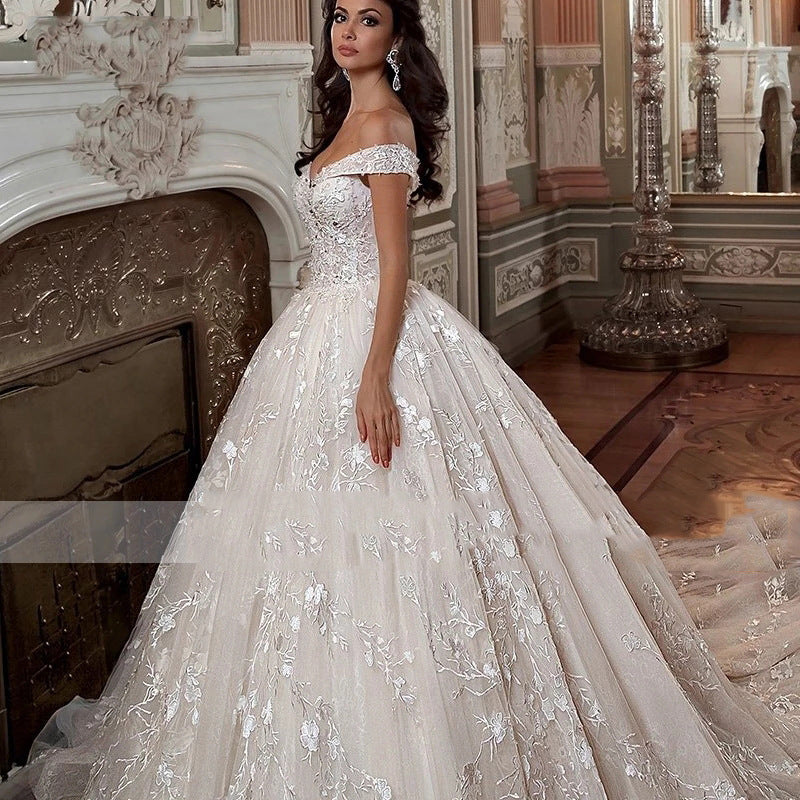 Off-shoulder French-style Bride Trailing Mori Style Simple Small Wedding Dress by Glamytek
