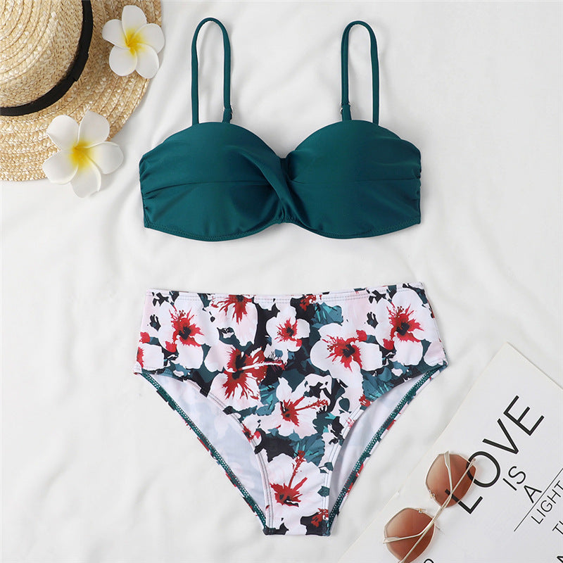 Women's High Waist Bikini Swimsuit with Steel Bracket - Sexy Leopard Print & Floral Design