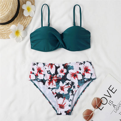 Women's High Waist Bikini Swimsuit with Steel Bracket - Sexy Leopard Print & Floral Design