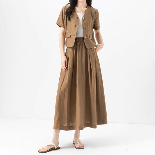 Women's Linen Short-Sleeve Shirt and Skirt Set