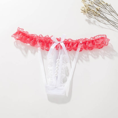 Sexy transparent lace low-rise pearl thong