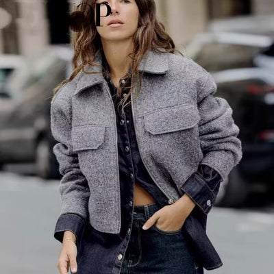 Long Sleeve Beaded Leather Jacket Large Pocket Woolen Coat