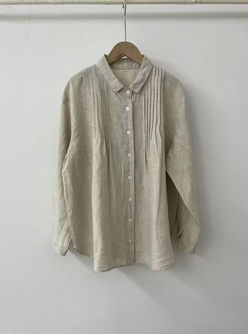 Women's Lapel Japanese Long Linen Sleeves Shirt by Glamytek