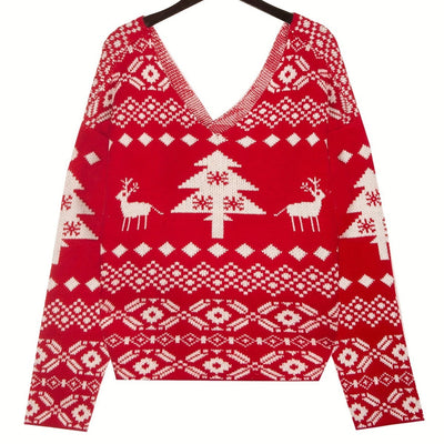 Women's Backless Off-shoulder Christmas Snowflake Pattern Long-sleeved Sweater by Glamytek