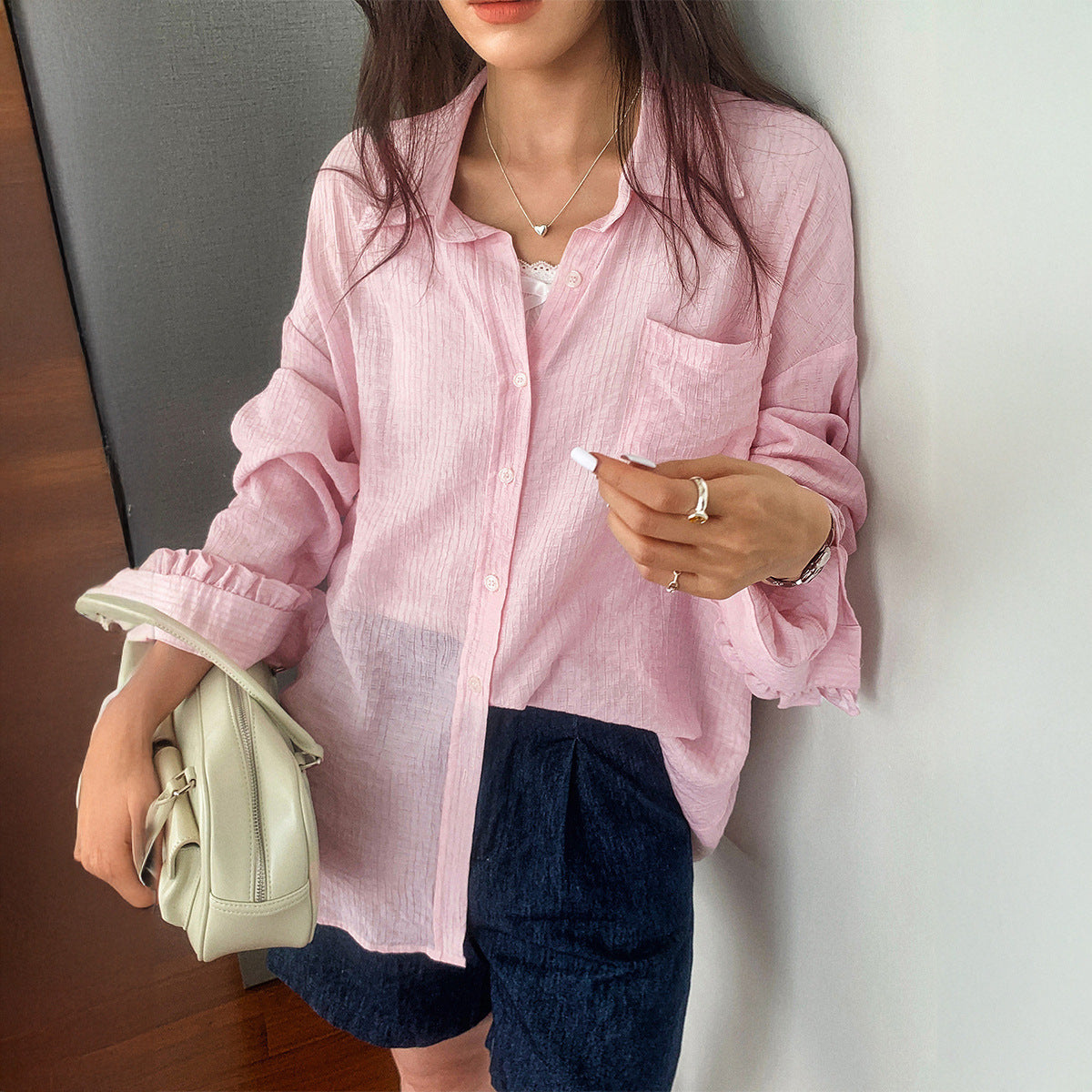 Casual Solid Color Long Sleeve Button Shirt Women's Clothing by Glamytek