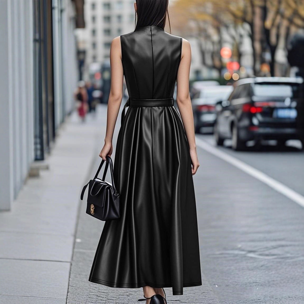 Fashionable Temperamental All-match Round Neck Sleeveless Belt Long Dress by Glamytek