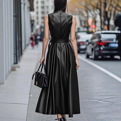 Fashionable Temperamental All-match Round Neck Sleeveless Belt Long Dress by Glamytek