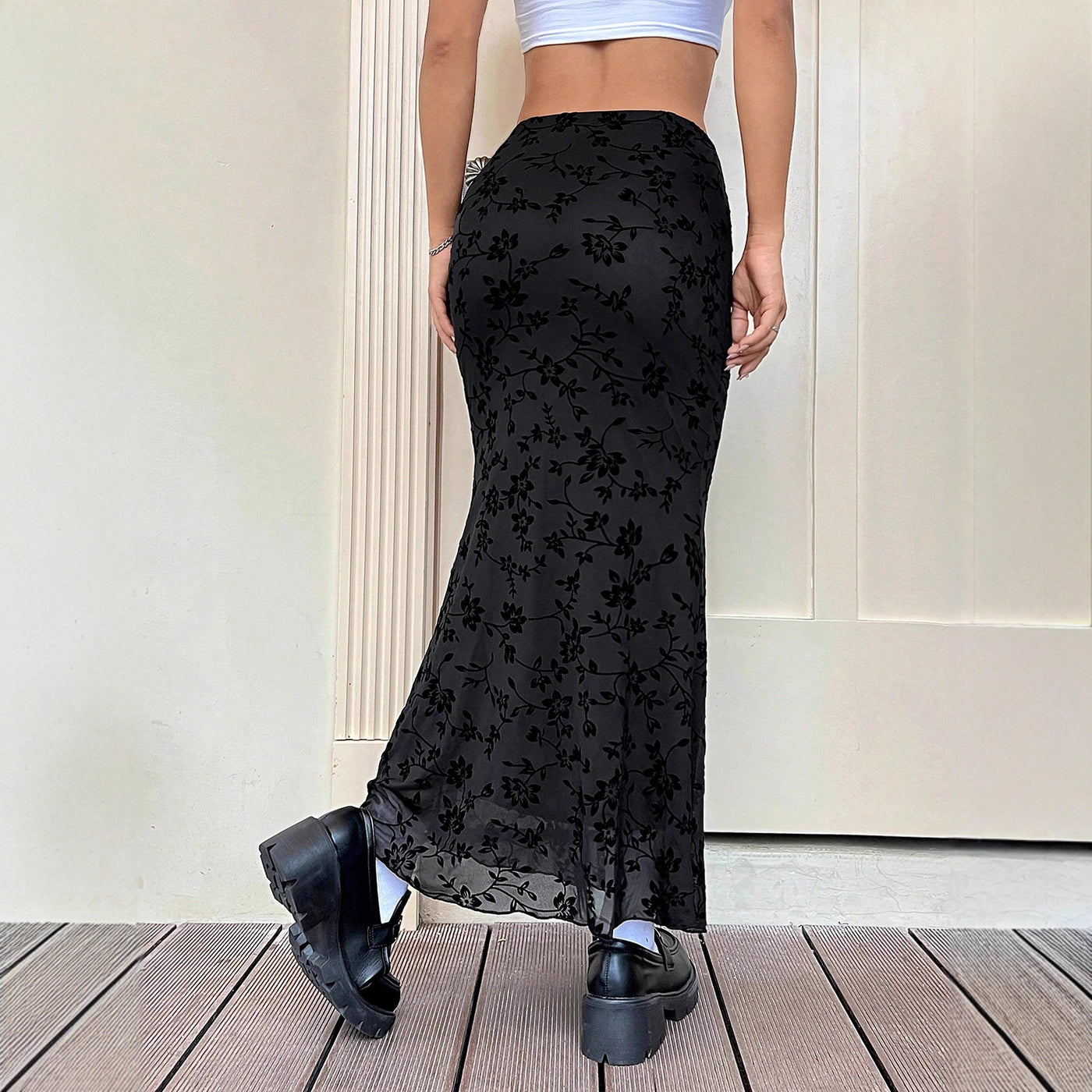 Dark Green Floral Half-length Fishtail Skirt For Women by Glamytek