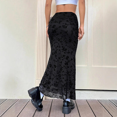 Dark Green Floral Half-length Fishtail Skirt For Women by Glamytek