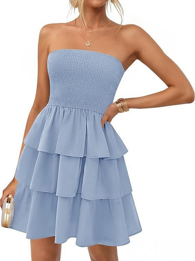 Women's Summer Pleated Tube Top Dress Off-the-shoulder Dress by Glamytek