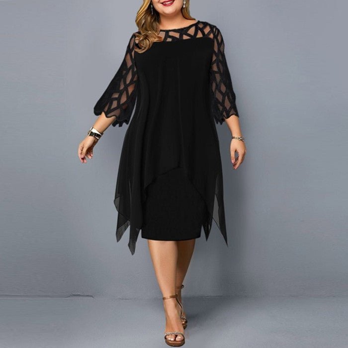 Lace-stitched three-quarter-length dress