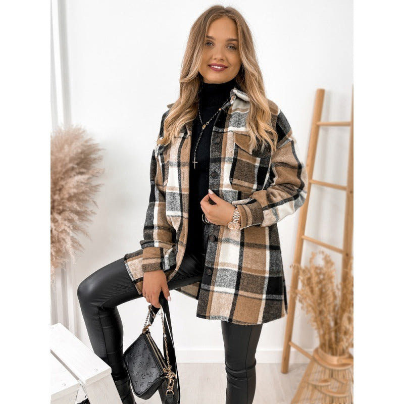 Long Sleeve Single-breasted Plaid Printed Blouse Collar Woolen Coat by Glamytek