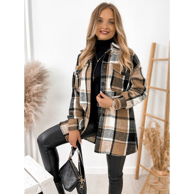 Long Sleeve Single-breasted Plaid Printed Blouse Collar Woolen Coat by Glamytek